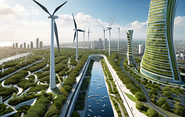 **"Eco Atlantic City: A Symphony of Green Innovation."**
    A breathtaking panoramic view of a futuristic "Eco Atlantic City" where sleek, biophilic skyscrapers seamlessly integrate with expansive, multi-layered vertical gardens, lush green roofs, and interconnected ecological corridors. Elegant urban wind turbines and pervasive solar panels are visibly integrated, signifying 100% renewable energy. Abundant, clean water features interact naturally with the landscape, reflecting a harmonious coexistence of advanced technology and thriving biodiversity. The overall impression is one of a clean, serene, and highly sustainable urban utopia, bathed in soft, natural light, emphasizing preservation and progress in unity.