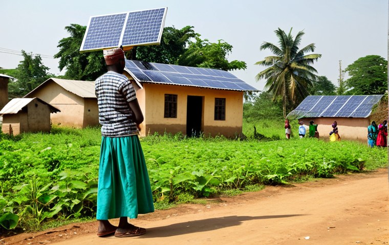 Solar Micro-grid in a Nigerian Village**

"A bustling Nigerian village scene, sunny day, featuring a newly installed solar micro-grid powering homes and a small business. Modest, colorful clothing on the villagers. Background shows children playing near a school also powered by solar panels. Lush green vegetation. Appropriate attire, fully clothed, safe for work, professional photography, perfect anatomy, natural proportions, high quality, family-friendly."

**