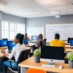 나이지리아 IT 기업 - A vibrant and energetic scene inside a modern, well-lit co-working space in Lagos, Nigeria. Young Ni...