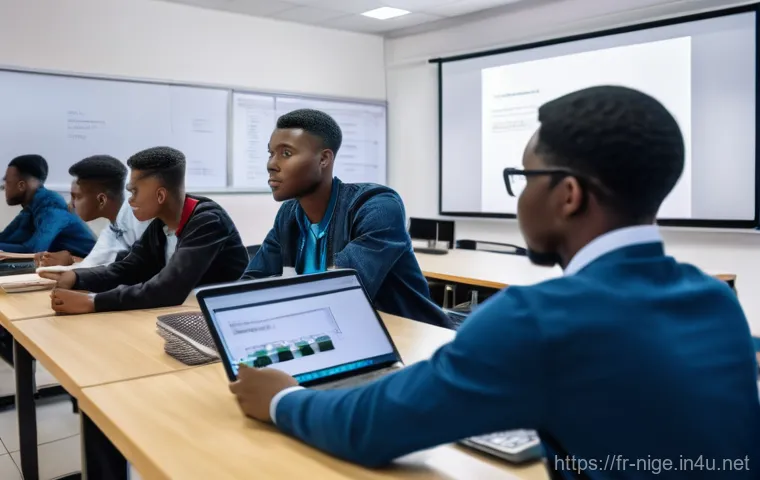 나이지리아 IT 기업 - A lively Nigerian street market where a female merchant, wearing a modest, traditional patterned dre...