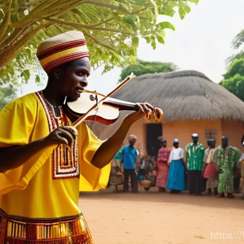 Home 1 나이지리아 전통 음악 장르 - **Prompt 1: Ancestral Rhythms in a Village Setting**
"A group of vibrant Nigerian traditional mu...