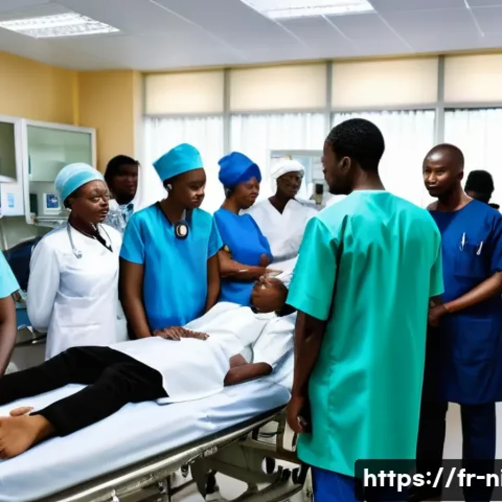 나이지리아 병원 시스템 - A busy urban Nigerian hospital emergency room scene showing a diverse group of medical staff includi...