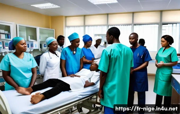 나이지리아 병원 시스템 - A busy urban Nigerian hospital emergency room scene showing a diverse group of medical staff includi...
