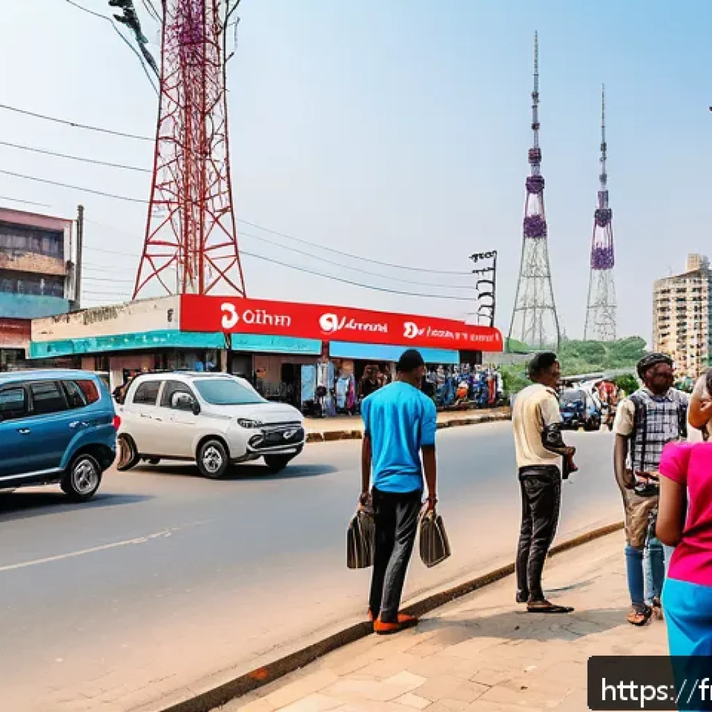나이지리아에서 인터넷 사용하기 - A vibrant urban street scene in Lagos, Nigeria, showcasing people using smartphones and laptops outd...