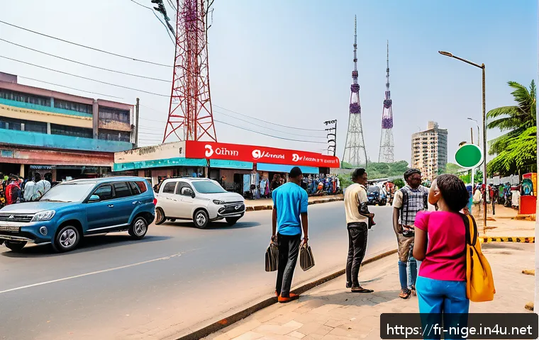 나이지리아에서 인터넷 사용하기 - A vibrant urban street scene in Lagos, Nigeria, showcasing people using smartphones and laptops outd...
