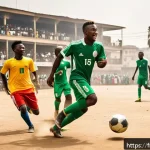 Home 21 나이지리아와 남아공의 스포츠 인기 차이 - A vibrant street football scene in Lagos, Nigeria, featuring diverse groups of enthusiastic young pl...