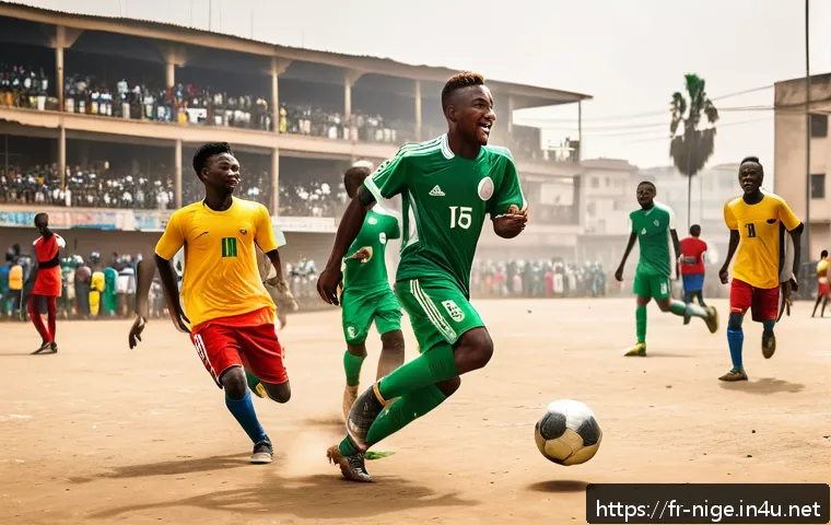 나이지리아와 남아공의 스포츠 인기 차이 - A vibrant street football scene in Lagos, Nigeria, featuring diverse groups of enthusiastic young pl...