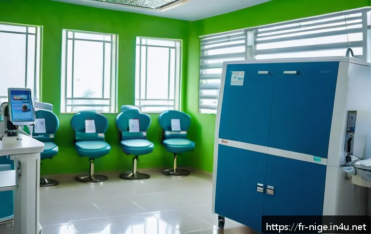 나이지리아에서 의료 서비스 이용하기 - A bustling Nigerian private clinic interior in Lagos, showcasing a modern, clean reception area with...