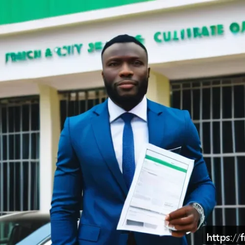 Home 30 나이지리아에서 창업 시 법률 고려사항 - A professional Nigerian entrepreneur in business attire standing confidently in front of the Corpora...