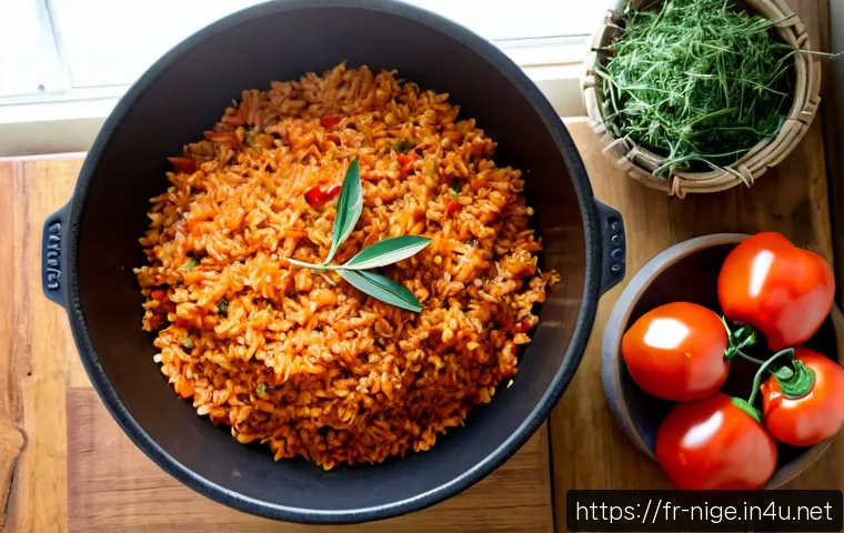 Home 17 졸로프 라이스 조리법 - Photorealistic overhead view of a French home kitchen preparing jollof rice, uncooked long-grain ric...